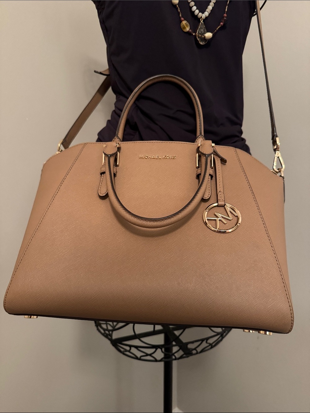 Michael Kors Tan Saffiano Leather Satchel with Gold Logo Charm